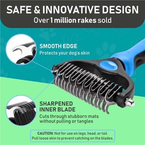 Pet Grooming Brush - Double Sided Shedding, Dematting Undercoat Rake for Dogs - Picture 6 of 7